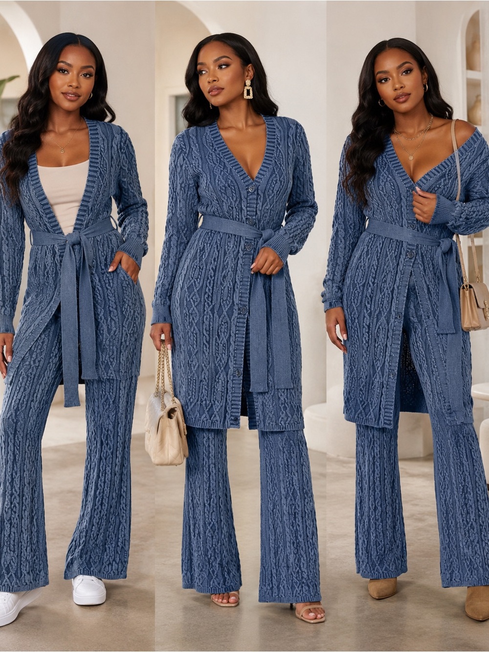 Women’s Blue Cable-Knit Wide Leg Pants